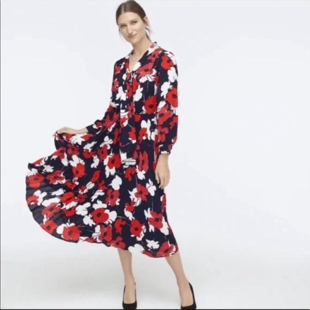 J. Crew Tie Neck Pleated A-line Midi Dress in Navy Poppy Floral Print, Size 6